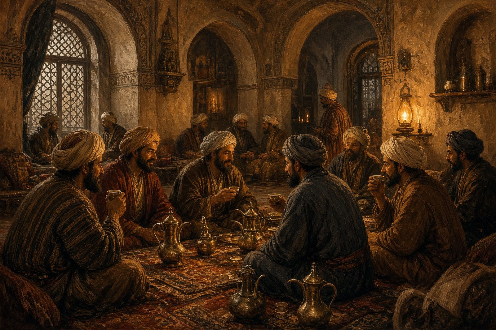 Men gathered in a lamp-lit 16th-century Middle Eastern coffeehouse drinking from small cups