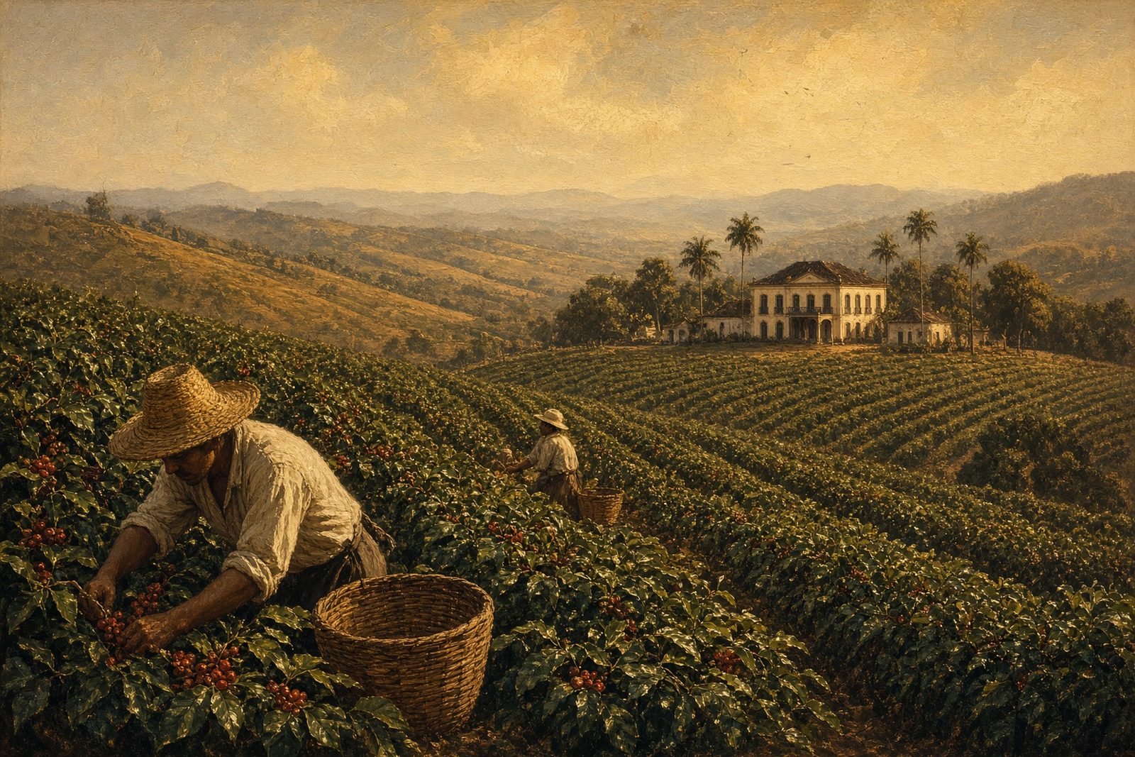 A vast 19th-century Brazilian coffee plantation stretching to the horizon