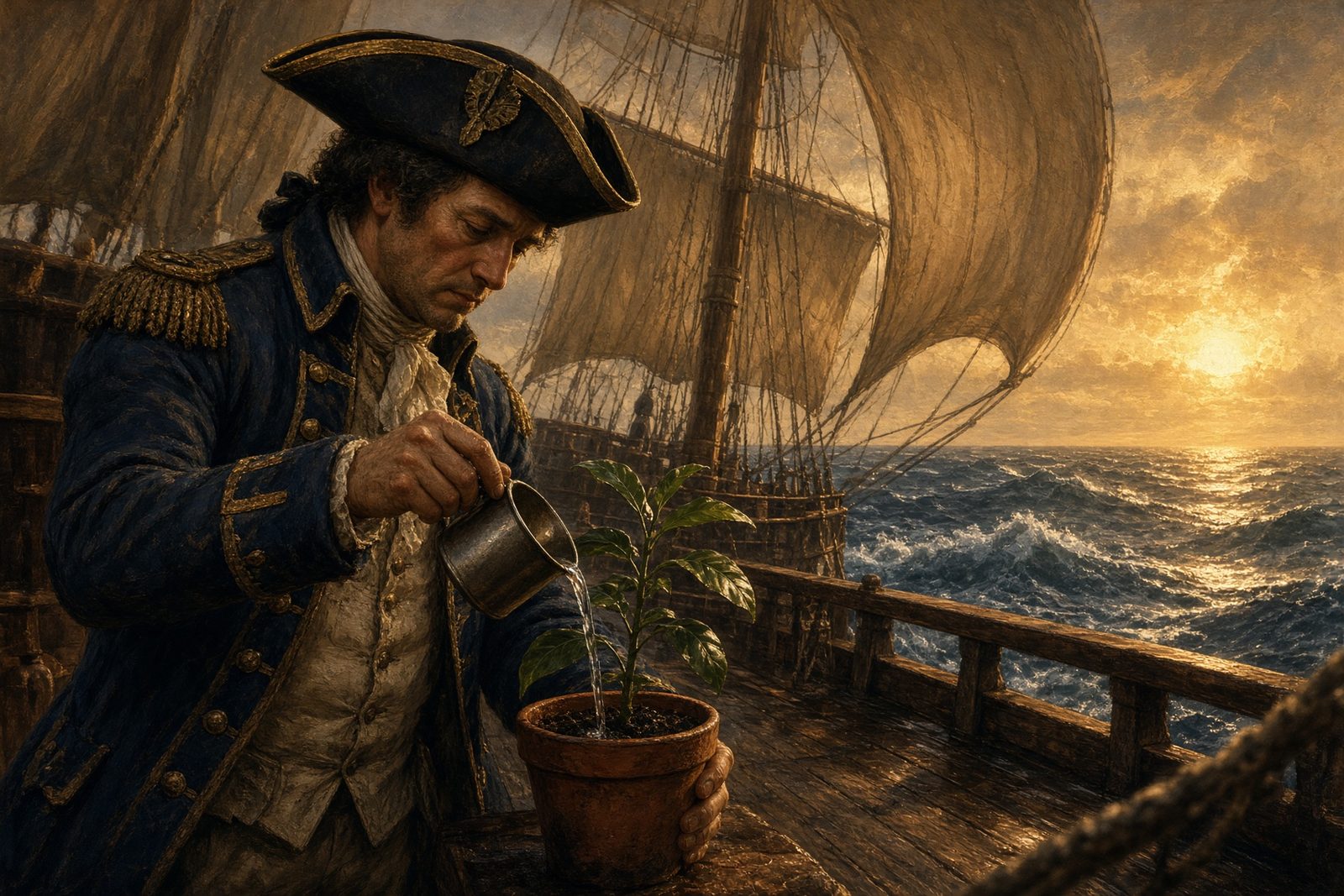 A French naval officer sheltering a small coffee plant aboard a sailing ship on the open Atlantic