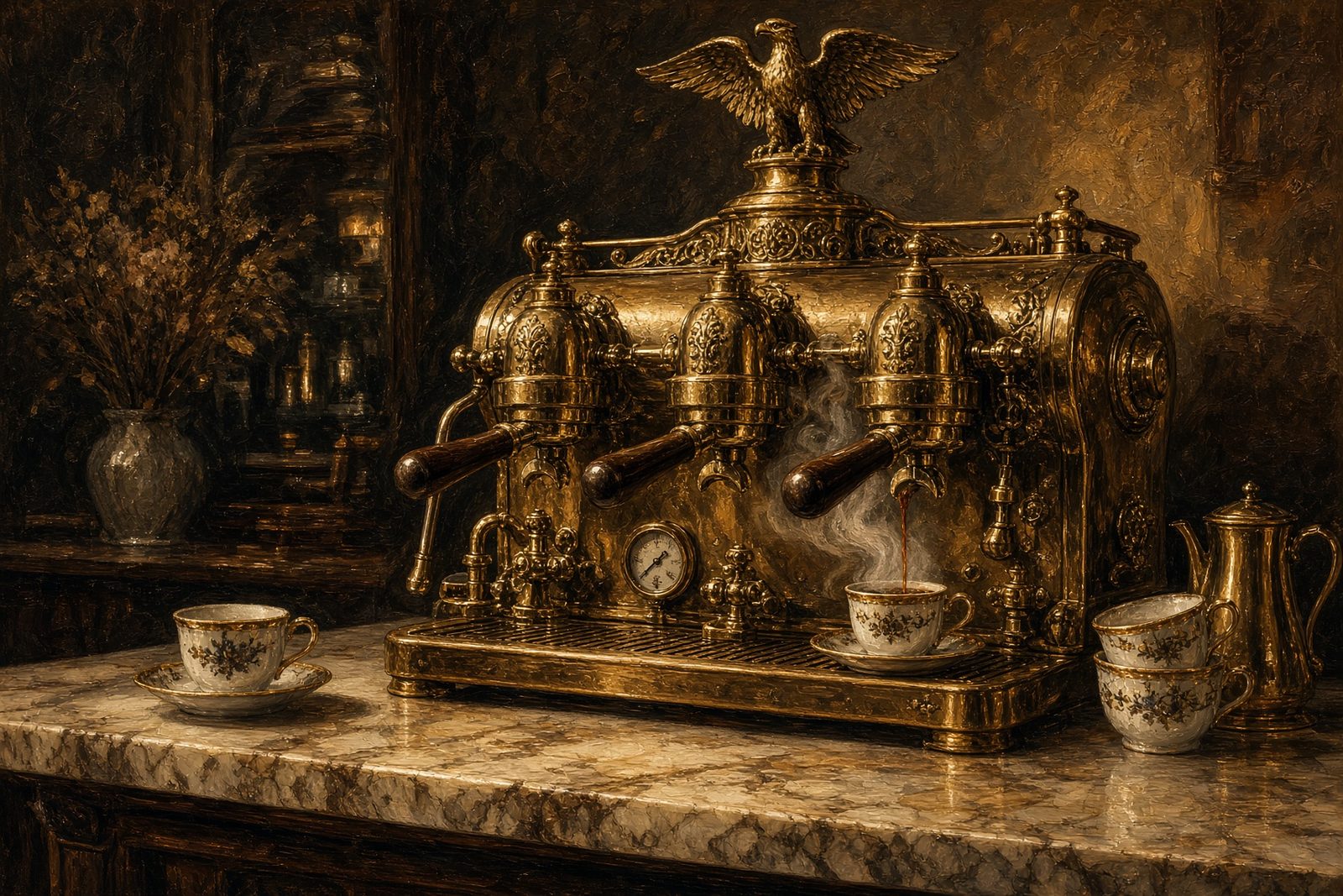 An ornate early-1900s Italian espresso machine in polished brass