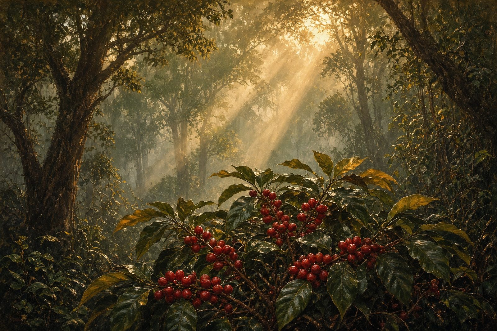 Wild coffee shrubs growing in the misty green highlands of Ethiopia