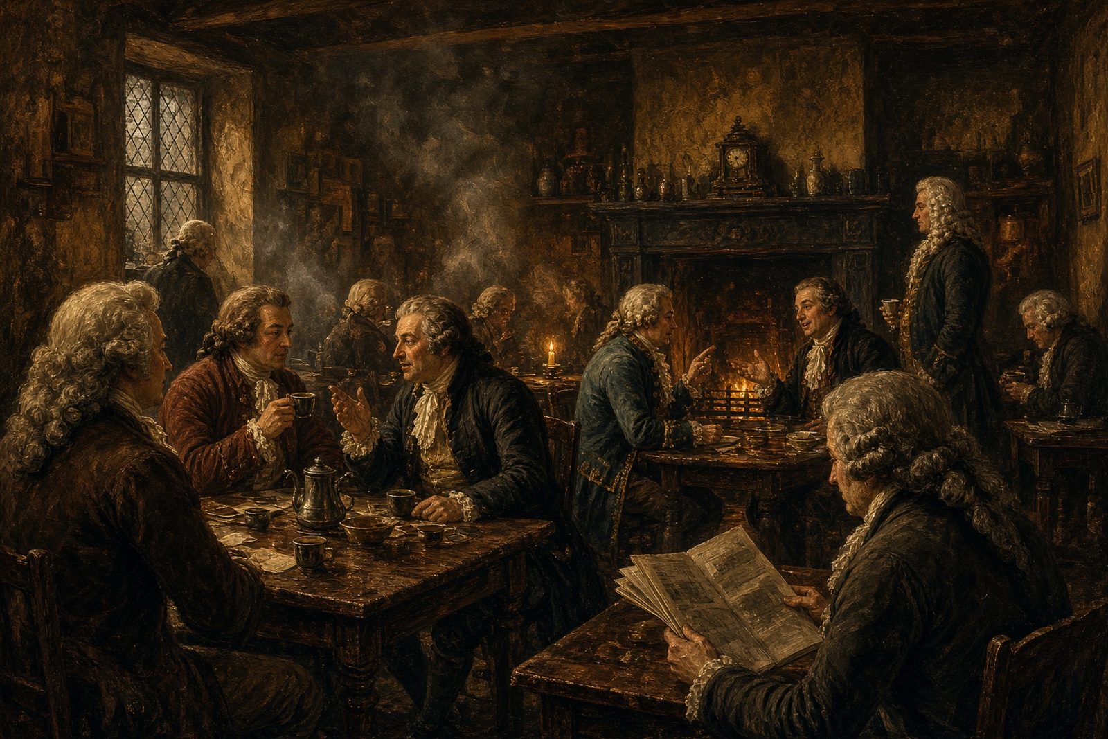 A bustling 17th-century London coffeehouse full of men in period dress talking and reading