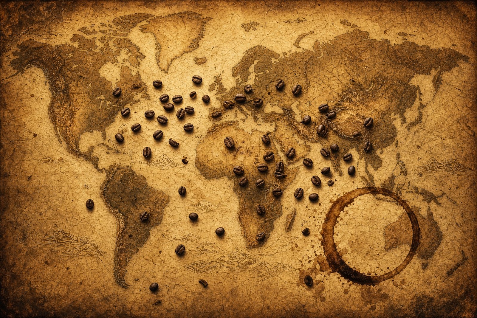 A world map with coffee beans tracing coffee's route across continents