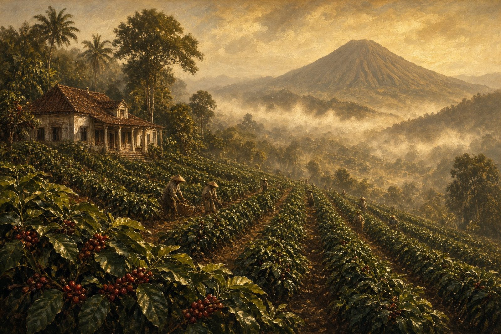 Rows of coffee trees on a colonial-era plantation in Java, Indonesia