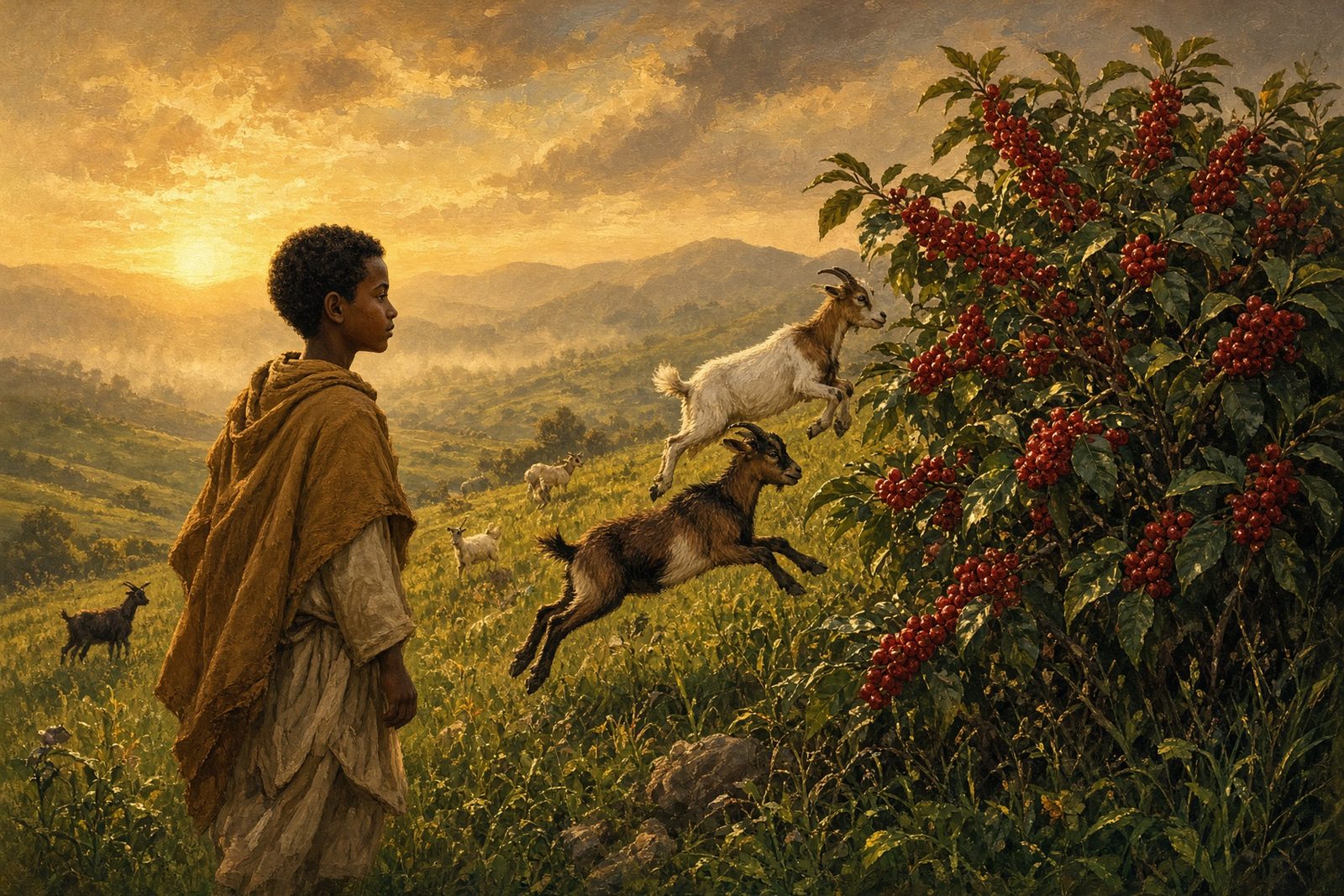 An Ethiopian goat herder watching his goats grow lively after eating red coffee cherries