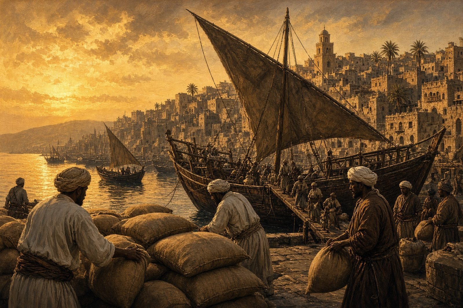 Wooden trading ships loading sacks of coffee at the old Yemeni port of Mocha