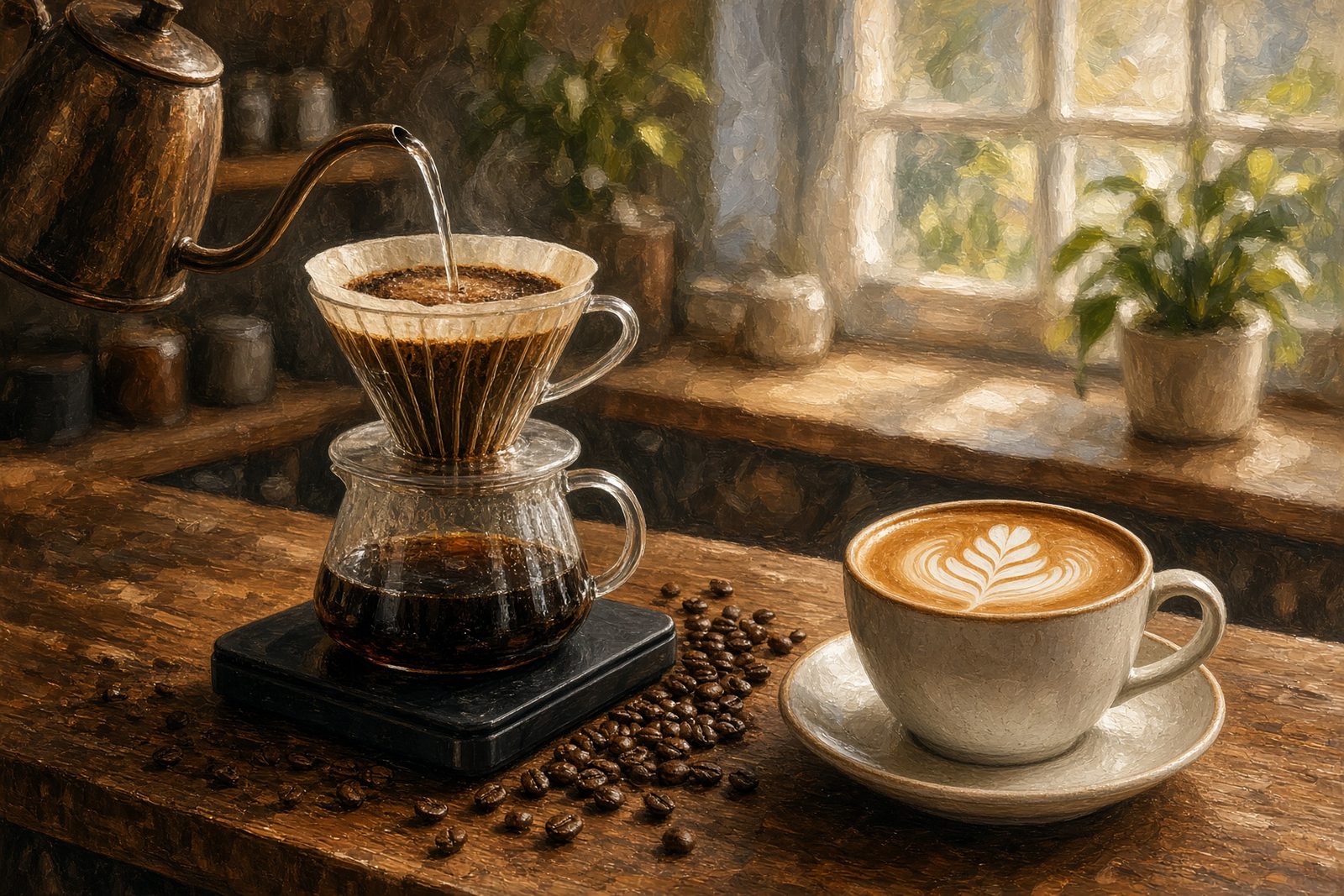A modern specialty cafe scene with a pour-over dripper, a scale, and latte art